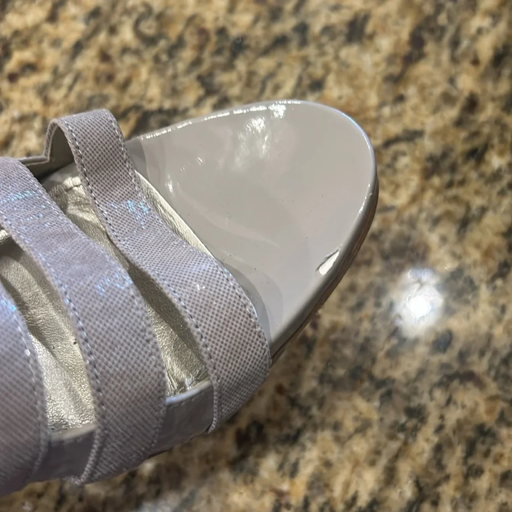 Anne Klein open toe, strap heels, beige/gray, size 10 | offer in description
